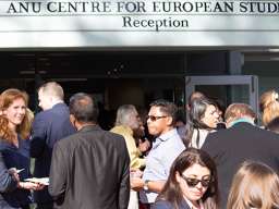 Guests mingle outside the ANU Centre for European Studies