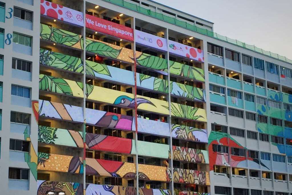  Artist and ANU Alumnus, Tan Haur, brought colour to this residential tower. Photo by The Straits Times, 8/8/2015.
 