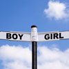 Street sign with 'BOY' and 'GIRL' on each direction; blue sky and clouds in background