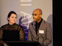 The dinner MCs: CASS alumna Harriet Bateman and Jamiyl Mosley 