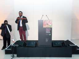 ANU Creative Fellows Wukun Wanambi and Ishamel Marika play at the opening of the British Museum Exhibition. Image © Benedict Johnson.  