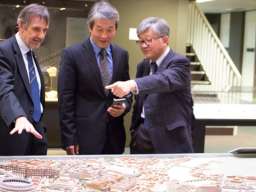 (L-R) Prof. Paul Pickering with Nanjing University's Dr Fan Ke and Prof. Zhou Xiaohong in the ANU Classics Museum 