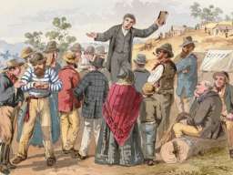 Sunday Camp Meeting, Forest Creek, 1869, water colour. State Library of Victoria