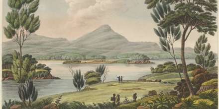 Artwork: The Sugar Loaf Mountain, near Newcastle, New South Wales (1824) by Joseph Lycett. National Library of Australia (Bib ID: 561206)
