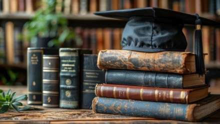 graduation hat on top stacked vintage books