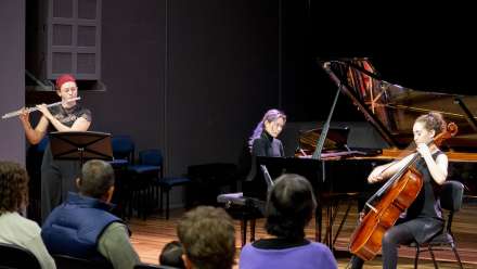 Image: ANU School of Music student Jojo Yuen (piano), sabelle Clarke-Randazzo (cello)and Emily Thornton (flute), classical student lunchtime concert 2024. Photo by Yun Hu