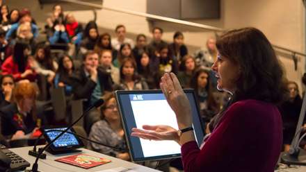  Professor Catherine Travis, speaking to students at the ANU Languages Showcase
 