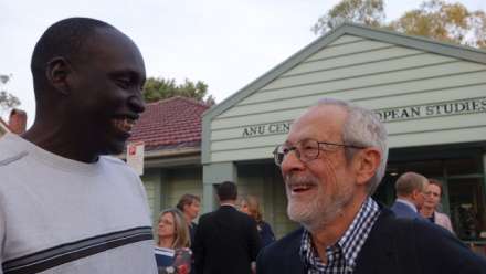  PhD candidate Atem Atem (left) and Professor Stephen Castles of University of Sydney at an ANU Centre for European Studies function
 