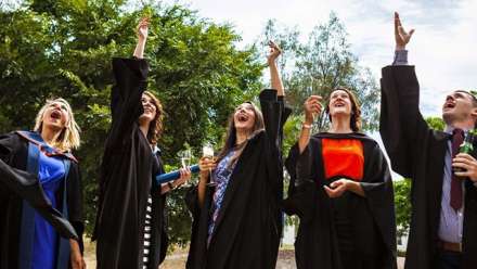  The first cohort of ANU Bachelor of Criminology graduates and their lecturer, Dr Emmeline Taylor (far left), celebrate in December 2015; Image: Supplied
 