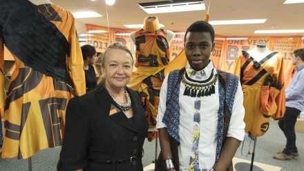  ACT Minister for the Arts Joy Burch and Reuben Bokaba at the exhibition opening. Photographer: Martin Olman
 