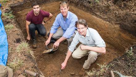  Rob Williams, Glenn van der Kolk and Duncan Wright on site at Springbank Island in 2015. Photo by Stuart Hay
 
