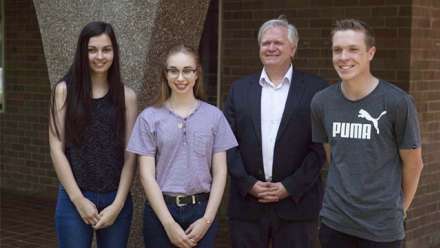  Katrina Gibbins (Bachelor of Philosophy (Honours) Science), Georgia Larsen (Bachelor of Design), Professor Brian Schmidt and Joshua Guest (Flexible Double Degree - International Relations and Languages). Image: Jack Fox, ANU.
 