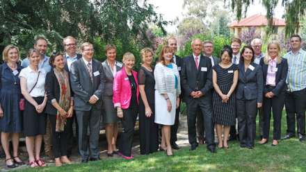  Dr Klaus Schüler (centre right, pink tie) led a German delegation to the ANU Centre for European Studies, one of two high-level European delegations to the ANU this month.
 