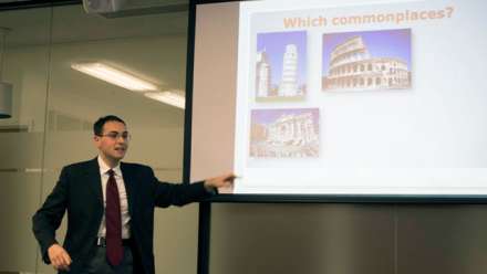  ANU Italian Cultural Society President, Gian Marco Farese, explains some of the stories behind the society's logo at the launch
 