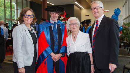  Jacqueline Dwyer with the College Dean, Professor Paul Pickering, Jacqueline's son Dominic and his wife Megan.
 