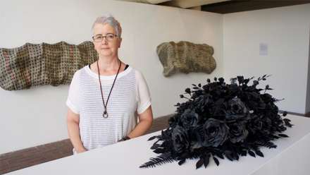  Jen Fullerton with her work We the people: Sub-rosa. Image: ANU
 