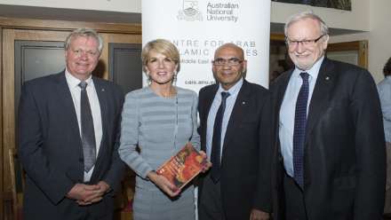  ANU Vice-Chancellor Prof. Brian Schmidt (L), Australian Foreign Minister Julie Bishop, Director of CAIS Prof. Amin Saikal, and ANU Chancellor, Prof. Gareth Evans. Image: Stuart Hay/ANU
 