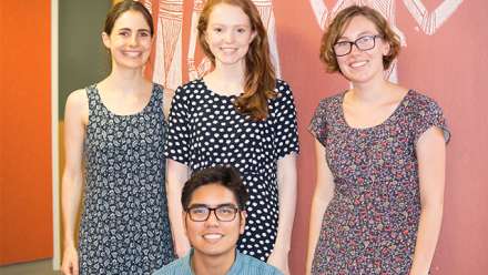  The 2015-16 ANU Linguistics Summer Scholars (L to R top row): Alex Grant, Kaitlyn Smith, Ellie Murphy. William Peralta (bottom row).
 