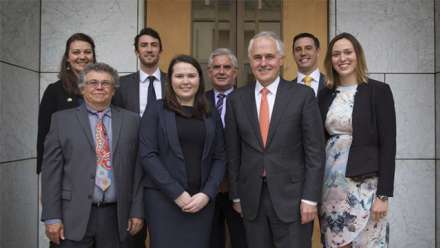  Back row (L to R) Olivia Slater, Michael McCagh, Ken Wyatt MP and James Beaufils. Front row (L to R) Malcolm Connolly, Samara Hand, Prime Minister Malcolm Turnbull and Sarah Bourke. Image: supplied.
 
