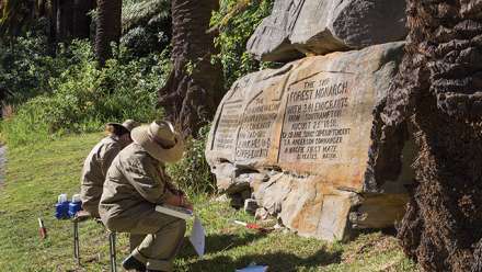  Annie Clarke and Ursula Frederick recording inscriptions at the former North Head Quarantine Station. Photograph: The Quarantine Project
 