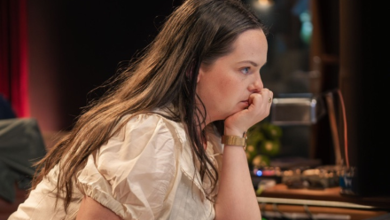 Sophie in the ANU Recording Studio. Photo credit: mix with the masters