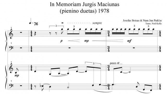 Image: Slave Pianos, Score for ‘In Memoriam George Maciunas: Klavierduett,’ originally performed 1978 by Joseph Beuys and Nam June Paik, 1998, detail. From Slave Pianos: A Diagnosis 1998-2001, limited edition boxed set of audio recordings, documents, texts and music scores, 32 x 32 cm. Collection of Art Gallery of New South Wales, 19.2002.a-d.