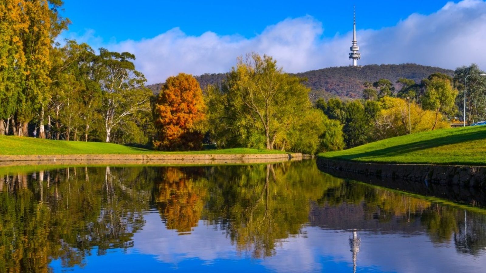 Campus pond with autumnal colours and mountain in background