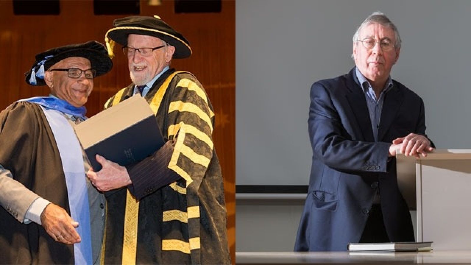  From left: Distinguished Prof. Amin Saikal, ANU Chancellor Prof. The Hon. Gareth Evans, and Emeritus Fellow Colin Steele. Images: Stuart Hay/ANU 