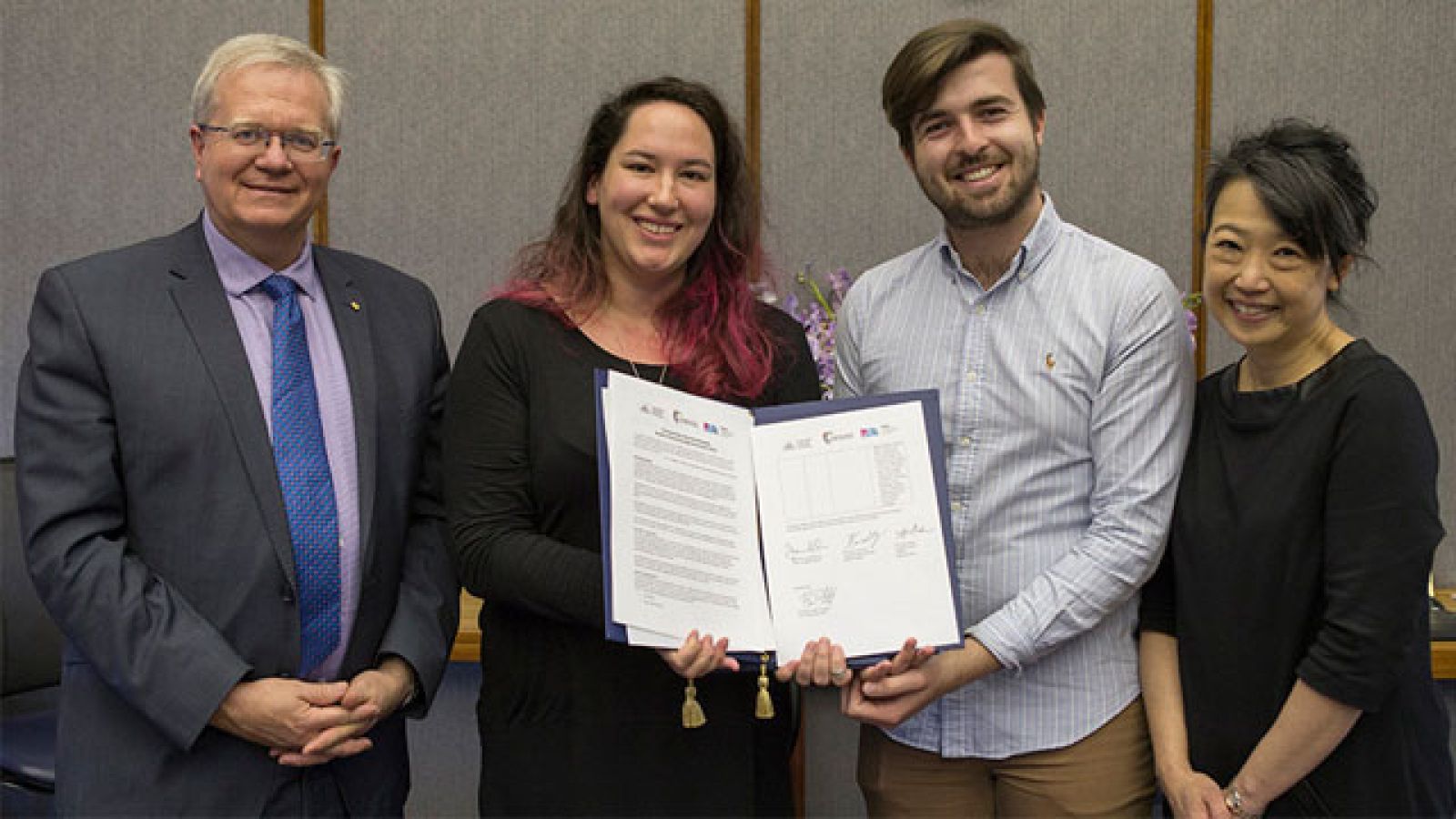 From left, Vice Chancellor Prof Brian Schmidt, PARSA President Alyssa Shaw, ANUSA President James Connolly and ANU Academic Board President Jacqueline Lo. Image: Lannon Harley/ANU