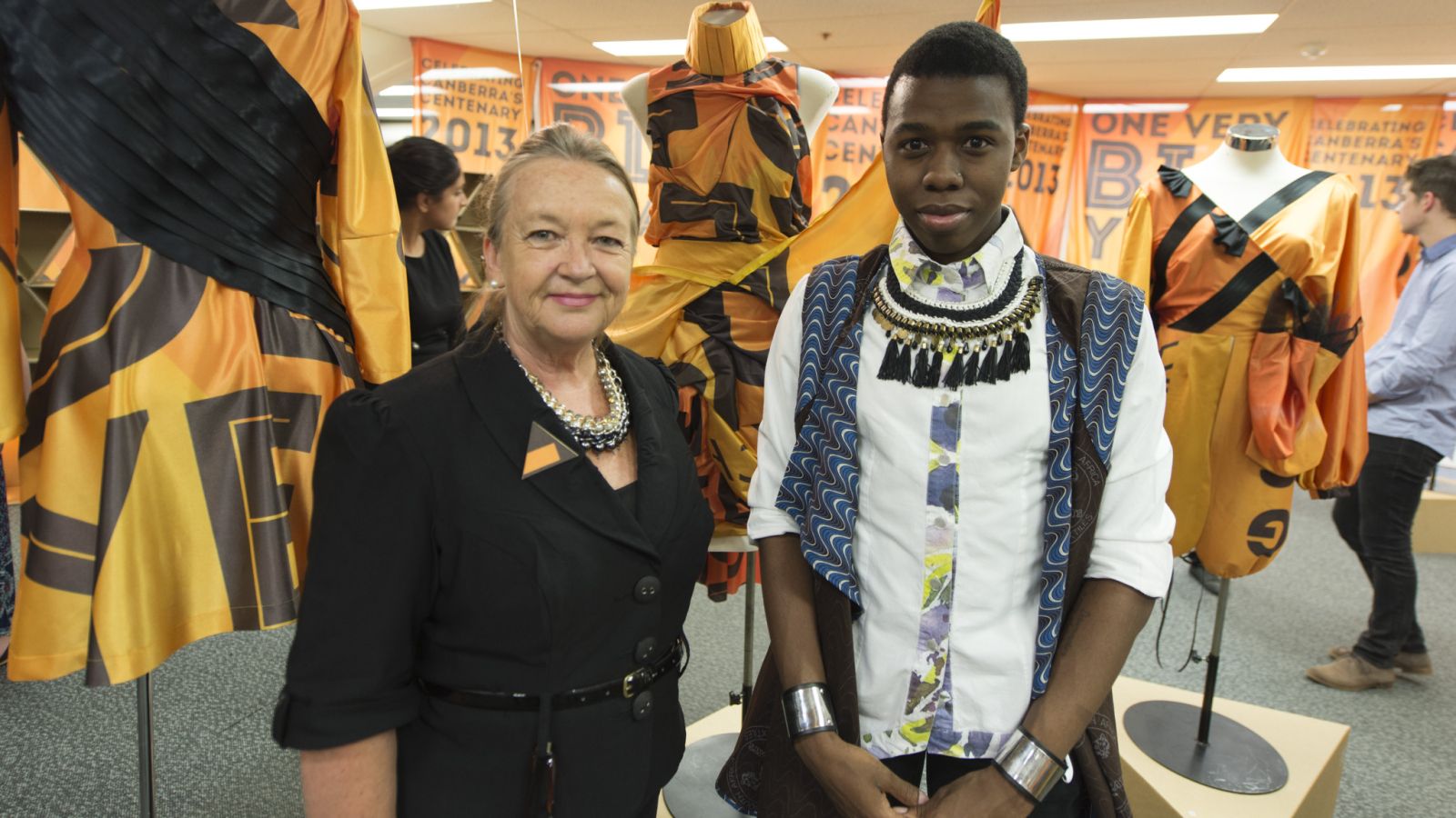 ACT Minister for the Arts Joy Burch and Reuben Bokaba at the exhibition opening. Photographer: Martin Olman