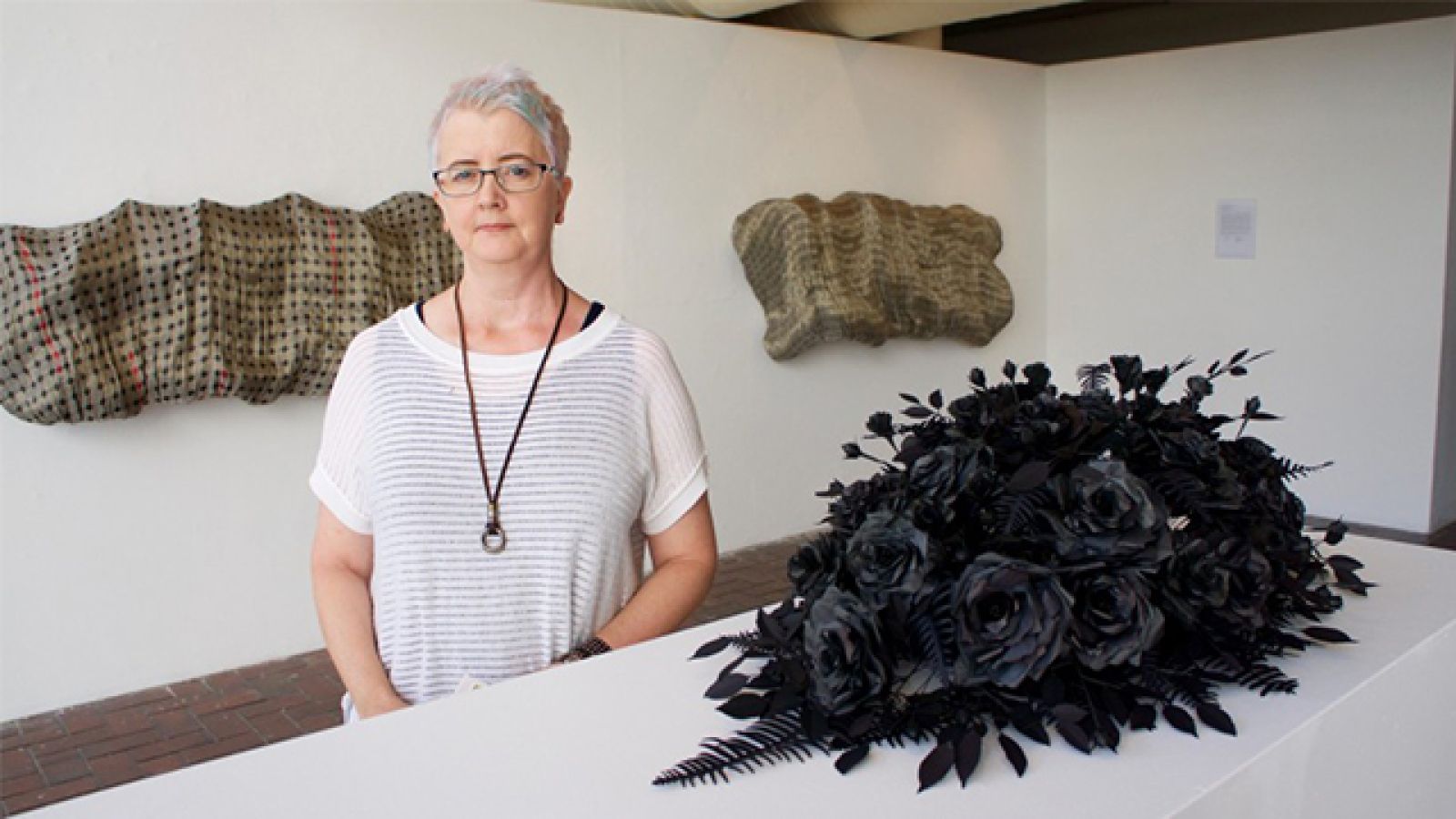  Jen Fullerton with her work We the people: Sub-rosa. Image: ANU
 