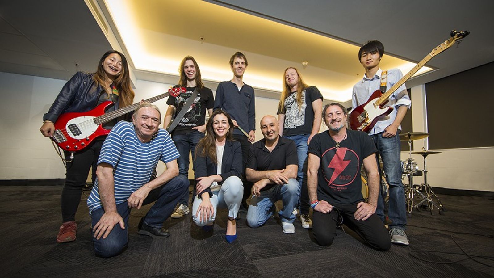 (L to R back row): ANU music students Ellen Chan, Max Diversi, Andy Enright, Paul Lehoczky and Qichen Yan jammed with Rosendo (front row, far left) and his band on 2 April. Image credit: Stuart Hay.