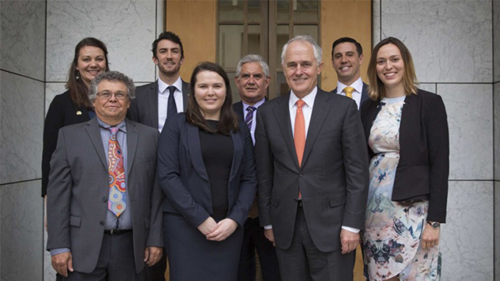 Back row (L to R) Olivia Slater, Michael McCagh, Ken Wyatt MP and James Beaufils. Front row (L to R) Malcolm Connolly, Samara Hand, Prime Minister Malcolm Turnbull and Sarah Bourke. Image: supplied.