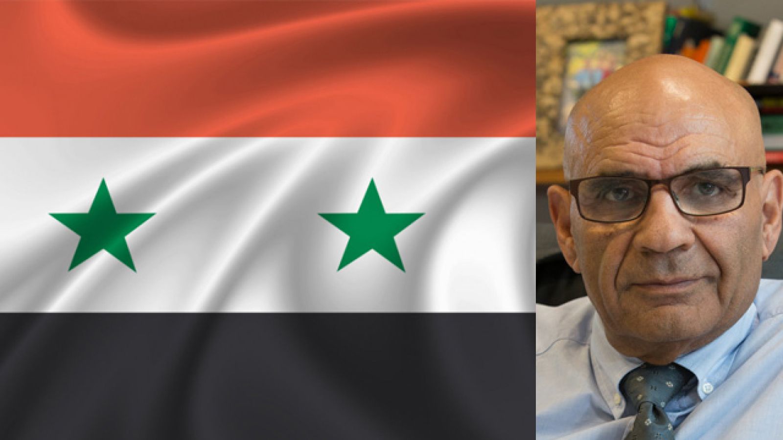 Flag of Syria and Professor Amin Saikal. Composite images from Flickr and Stuart Hay/ANU