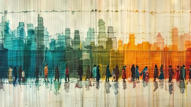 "A creative twist on traditional demographics, showing a tapestry woven with threads of different thicknesses to represent population scales"