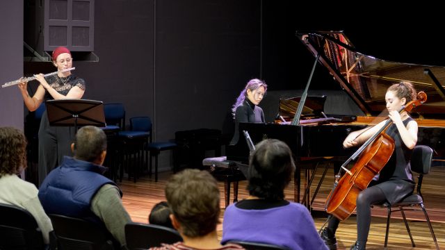 Image: ANU School of Music student Jojo Yuen (piano), sabelle Clarke-Randazzo (cello)and Emily Thornton (flute), classical student lunchtime concert 2024. Photo by Yun Hu