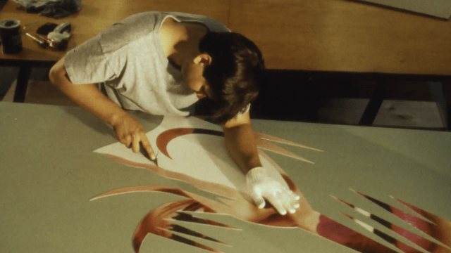 Image: Printer Paul Imboden cuts a lithographic element for James Rosenquist’s 'Time dust', Tyler Graphics, 1991. Photographer: Marabeth Cohen-Tyler. Kenneth Tyler Collection archives, National Gallery of Australia. Gift of Kenneth Tyler 2002.
