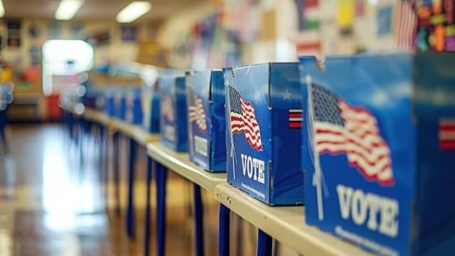 USA voting for presidential election illustration, voting booth and ballot boxes
