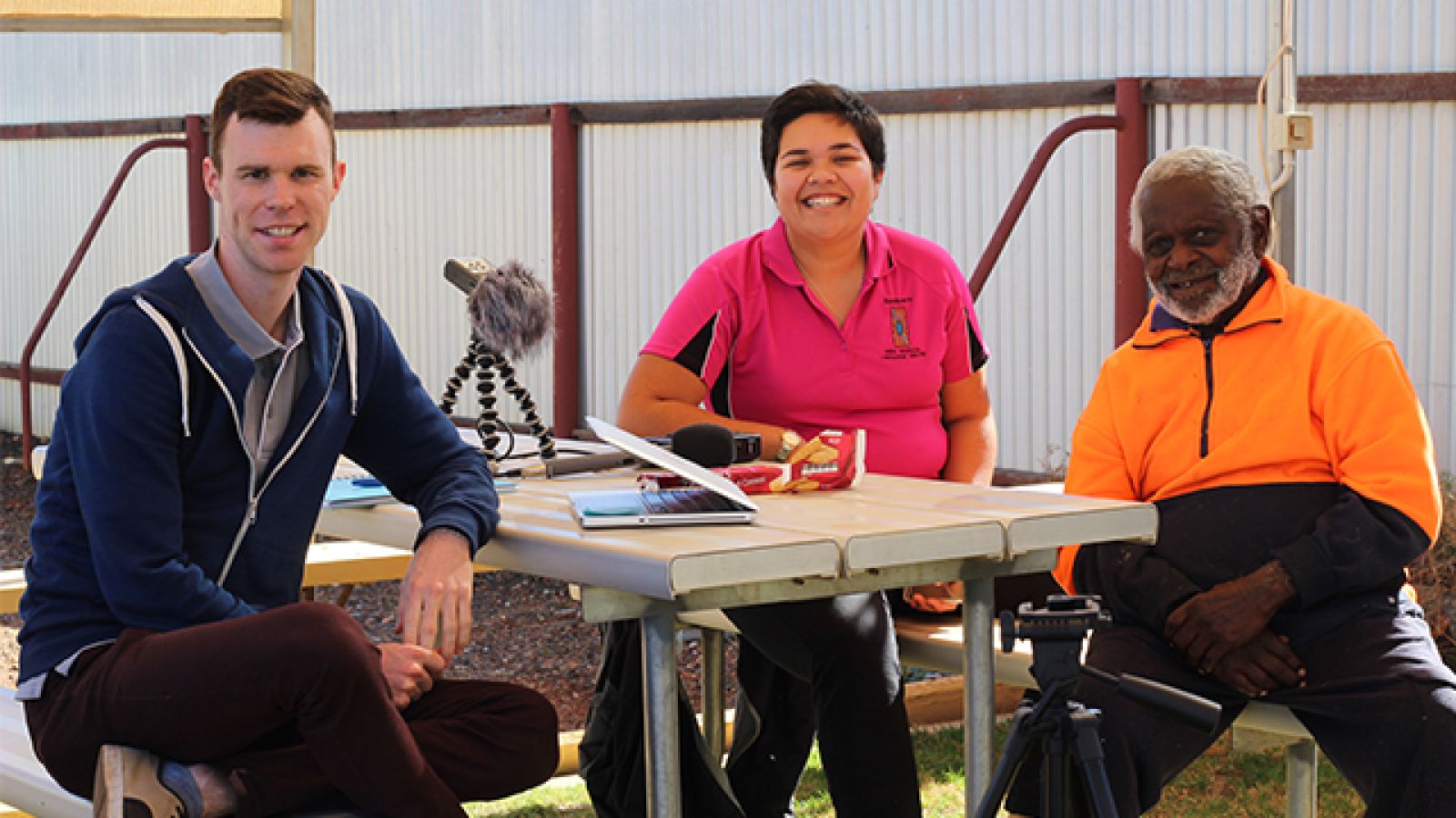 Linguists James Bednall and Rosie Sitorus with Gami Ollie George. Image: Bundiyarra-Irra Wangga Language Centre.